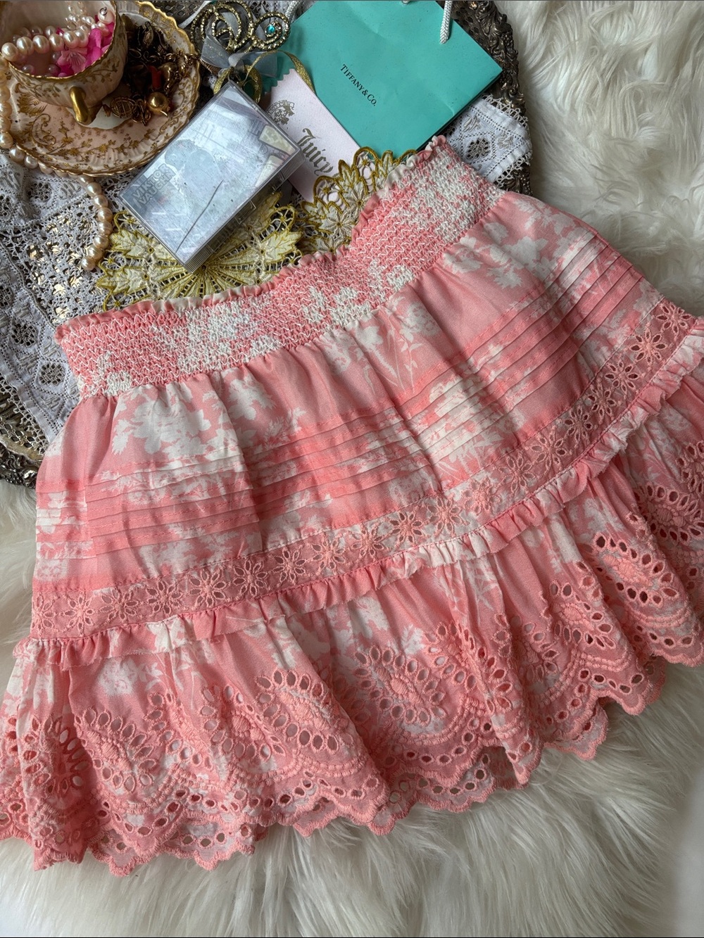 Loveshackfancy Jimena Coral Hand Tie Dye Cotton Eyelet Ruffle Mini Skirt XS Cute